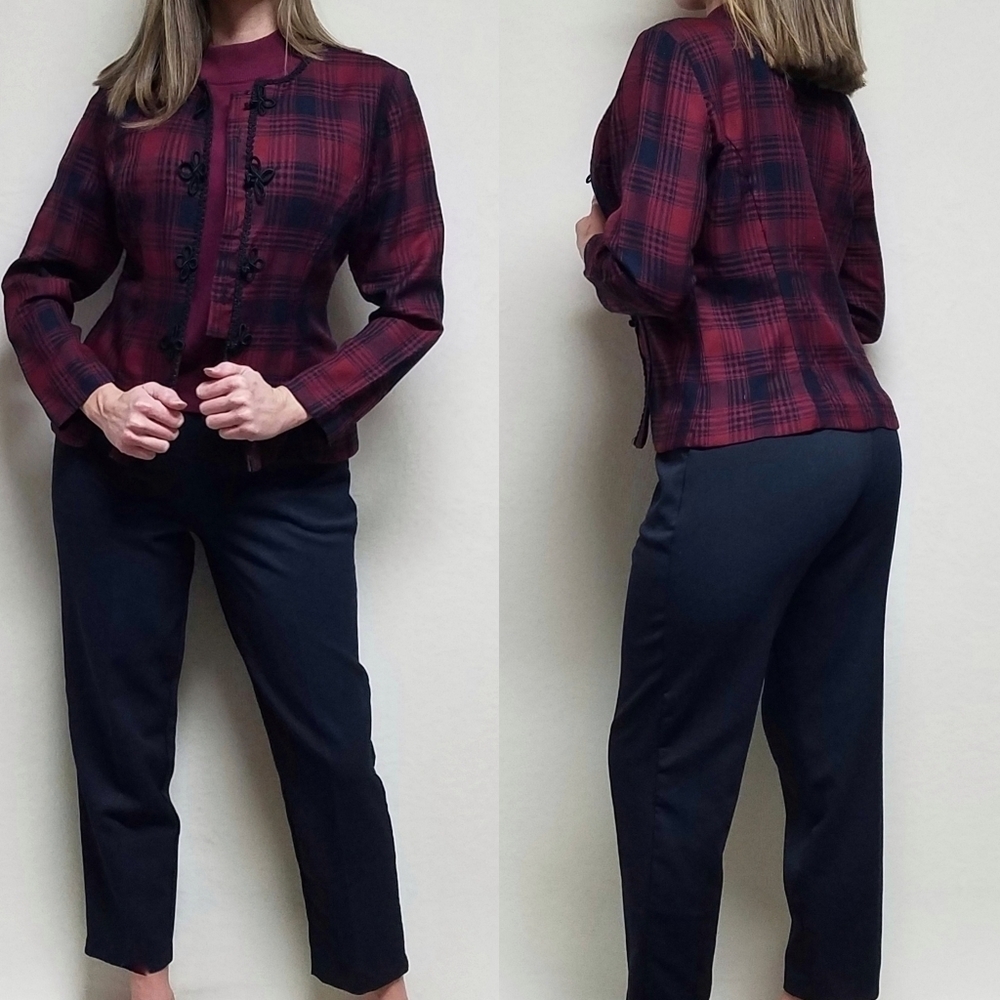 VINTAGE 80s Jessica Howard Wine Red Buffalo Plaid Ribbed Pants Mockneck Top Set